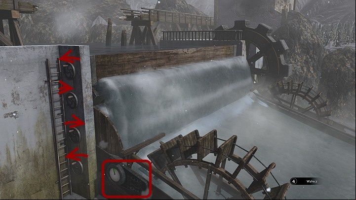 Now, climb onto the ladder and disable the top waterway by manipulating the top handle counter-clockwise (if youve havent touched any of the handles yet, the bottom one is turned off by default) - Help the Jukolians | Chapter two | Walkthrough - Chapter two - Syberia 3 Game Guide