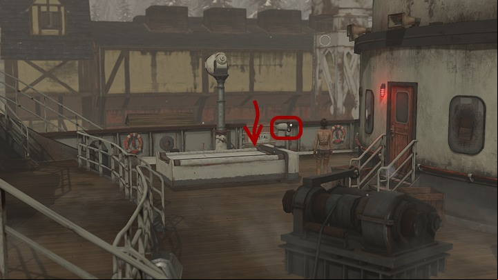 Leave the bridge and the quarterdeck - the best way is to use the door near the stairs that leads to the ferry - Load the coal on the Krystal | Chapter three | Walkthrough - Chapter three - Syberia 3 Game Guide
