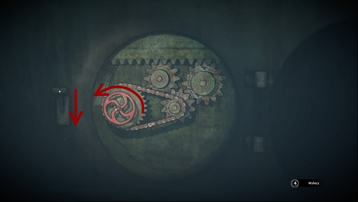 A recess with cogs and a chain will be unveiled - turn (with the correct mouse movement) the valve to the left as far as possible, and then pull the lever (with the correct mouse movement) on the left down - Open the two locks | Chapter three | Walkthrough - Chapter three - Syberia 3 Game Guide