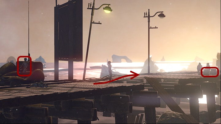 Through the makeshift bridge that has connected the pier in the meantime, approach the Youkols standing near the ship - Help Oscar tug the Krystal | Chapter five | Walkthrough - Chapter five - Syberia 3 Game Guide