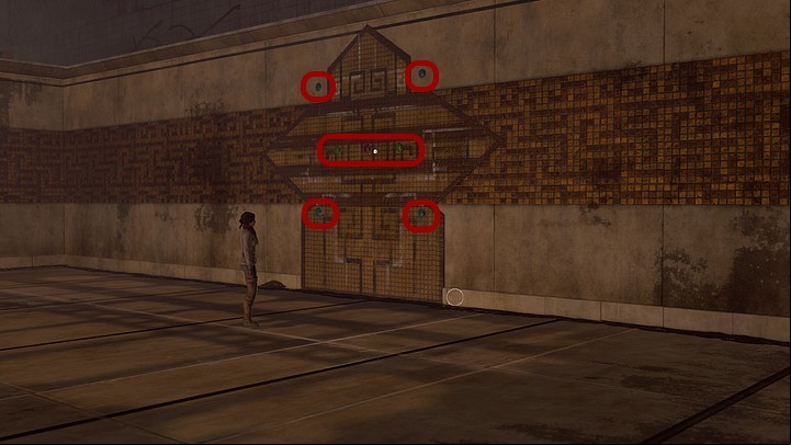 Proceed to the right and notice the interesting mosaic at the end of the pool - pay particular attention to the colors of the stones there (2 blue on top, 2 green in the middle - a red one in-between them - and 2 blue at the bottom) - Open the gates of the temple - Chapter seven - Syberia 3 Game Guide
