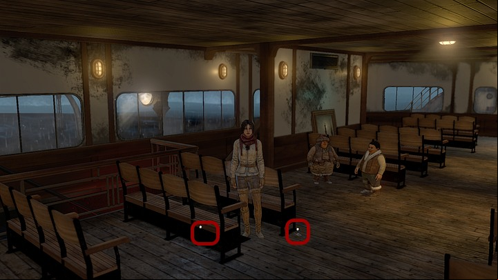 On the way - when crossing the quarterdeck - pick up the handmade matches, lying near the first chair (the row on the left, near the Youkols) - Get rid of the monster | Chapter four | Walkthrough - Chapter four - Syberia 3 Game Guide