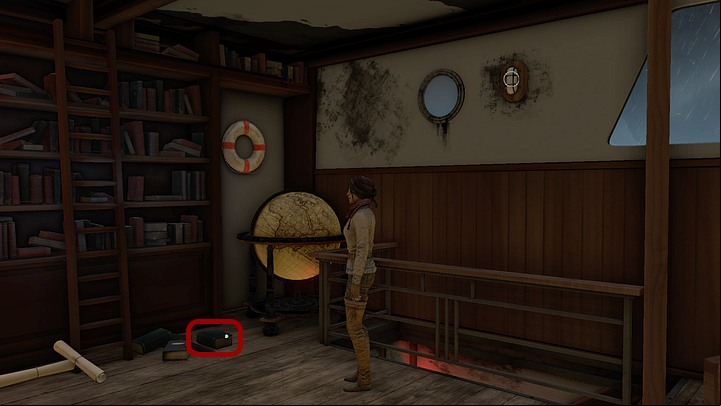 Examine the books lying in the corner (near the globe), focusing on the one to the right - Get rid of the monster | Chapter four | Walkthrough - Chapter four - Syberia 3 Game Guide