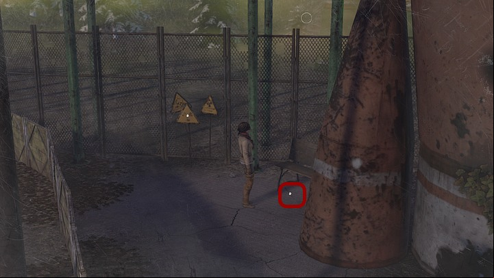 Pick up a metal shank (shank 01) lying underneath the bench (right from the yellow triangle hazard signs) - Repair the automaton | Chapter five | Walkthrough - Chapter five - Syberia 3 Game Guide