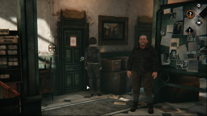 The entrance to the infirmary is on the left, with Leni's father standing at the door - Syberia The World Before: Vaghen - Musician district, spring 1945 - walkthrough - Walkthrough - Syberia The World Before Guide