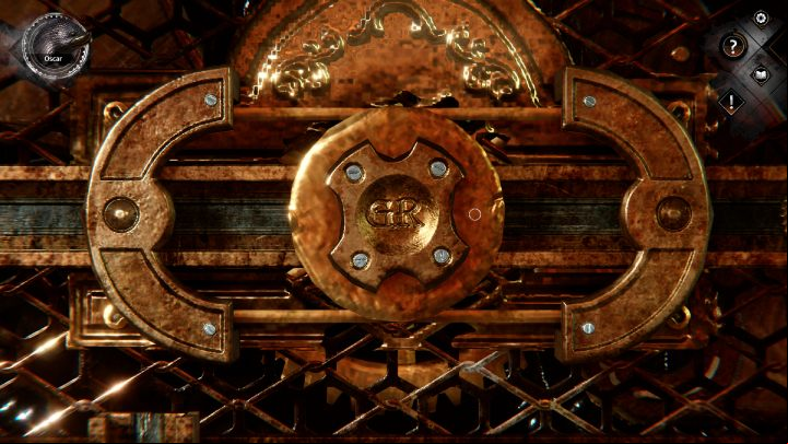 Finally, the gold element with the initials needs to be turned 180 degrees - Syberia The World Before: Vaghen - Silberspiegel refuge, autumn 2005 part 4 - walkthrough - Walkthrough - Syberia The World Before Guide