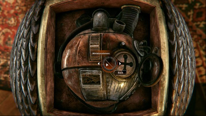 Insert Oskar's heart into the sphere, open the lid and insert the miniature piece into the keyhole - Syberia The World Before: Vaghen - Antiques district, autumn 2005 - walkthrough - Walkthrough - Syberia The World Before Guide