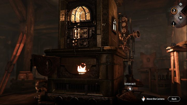 Examine the stove located near the tables - Siberia The World Before: Vaghen - Silberspiegel refuge, summer 1937 part 1 - walkthrough - Walkthrough - Syberia The World Before Guide