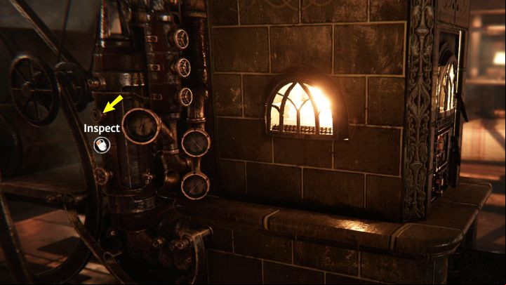 Turn the camera to the left side of the stove and insert the valve into the pipe above the number 2 - Siberia The World Before: Vaghen - Silberspiegel refuge, summer 1937 part 1 - walkthrough - Walkthrough - Syberia The World Before Guide