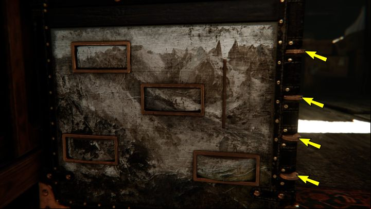 Use the knobs on the right side of the coffer to match the parts of the painting to the mountain landscape - Syberia The World Before: Vaghen - Silberspiegel refuge, autumn 2005 part 1 - walkthrough - Walkthrough - Syberia The World Before Guide