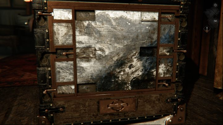 On the right side of the coffer, set the correct pictures by sliding them with the small handles - Syberia The World Before: Vaghen - Silberspiegel refuge, autumn 2005 part 1 - walkthrough - Walkthrough - Syberia The World Before Guide