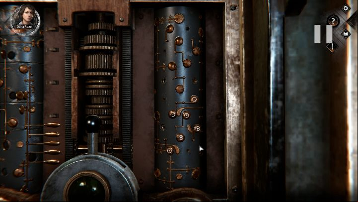 Examine the mechanism on the right and arrange it according to the diagram, setting the gold pieces in the right places - Syberia The World Before: Vaghen - Musician district, autumn 2005 - walkthrough - Walkthrough - Syberia The World Before Guide