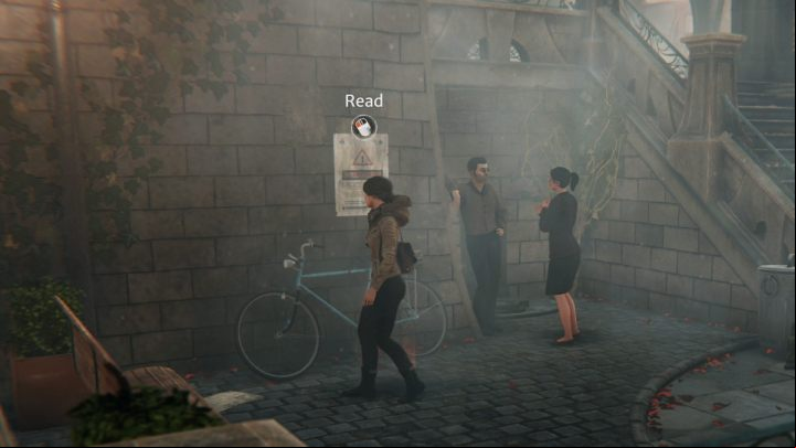 At the end of the street, you will find a staircase - go down and examine the piece of paper hanging above the bicycle - Siberia The World Before: Vaghen - Bridge of Mists, autumn 2005 part 1 - walkthrough - Walkthrough - Syberia The World Before Guide