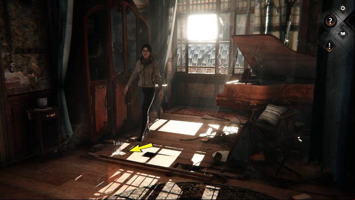 Pick up the strange sketch - right part lying on the floor between the closet and the piano - Siberia The World Before: Vaghen - Bridge of Mists, autumn 2005 part 1 - walkthrough - Walkthrough - Syberia The World Before Guide
