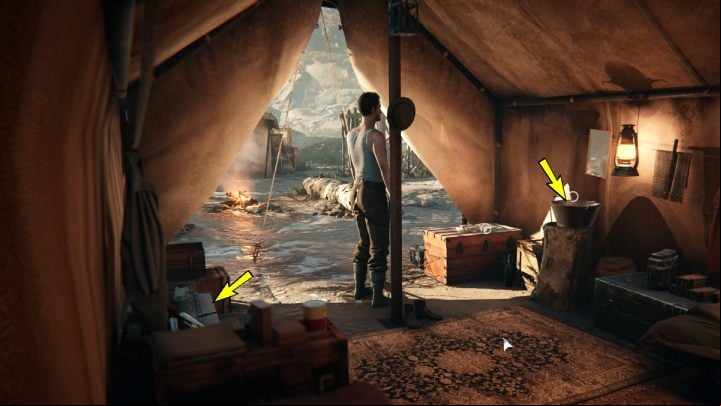 Wash your face in the bowl, then examine the equipment on the left side of the tent - Siberia The World Before: Baltayar - Mountain, autumn 1937 - walkthrough - Walkthrough - Syberia The World Before Guide