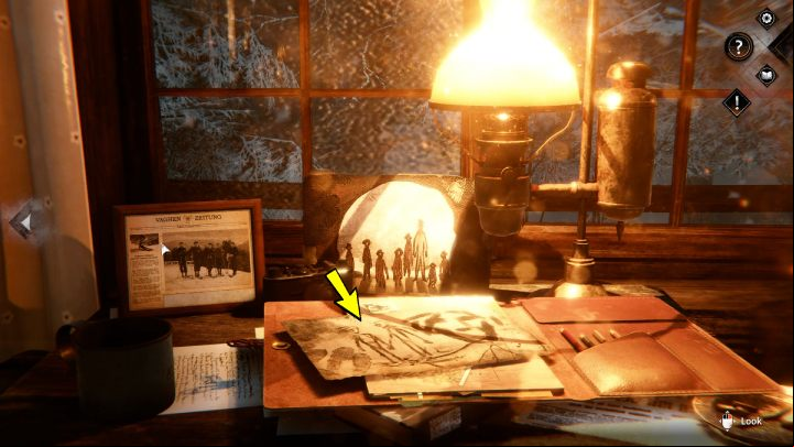Examine the drawing on the desk depicting Leon and the gorun - Syberia The World Before: Vaghen - Silberspiegel refuge, autumn 2005 part 3 - walkthrough - Walkthrough - Syberia The World Before Guide