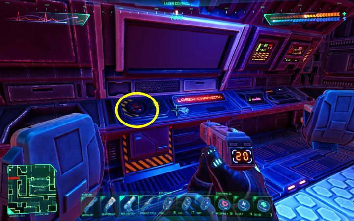 Get to the console with the Laser Charging text and push the button visible in the picture - System Shock Remake: Disabling the mining laser - puzzle solution - Puzzles - System Shock Remake Guide