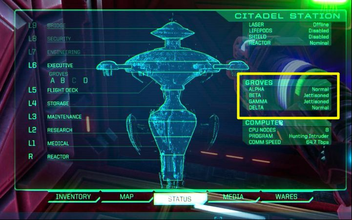 Beta Grove should get properly separated from the station, shown as jettisoned in the Status tab - System Shock Remake: Jettisoning the Beta Grove at the Executive level - puzzle description - Puzzles - System Shock Remake Guide