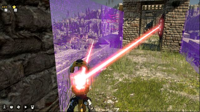 Halfway through the path, more or less, you notice violet barriers between pillars and a connector, and a red button inside - World 3 | All Stars - All Stars - The Talos Principle Game Guide