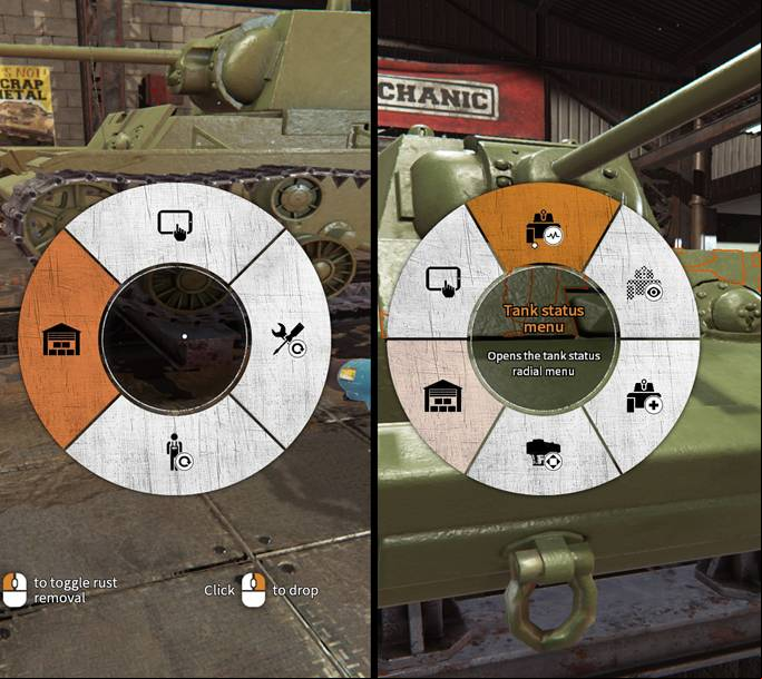 The radial menu can be opened with the mouse scroll wheel or R key (by default). - Interface in Tank Mechanic Simulator - Basics - Tank Mechanic Simulator Guide