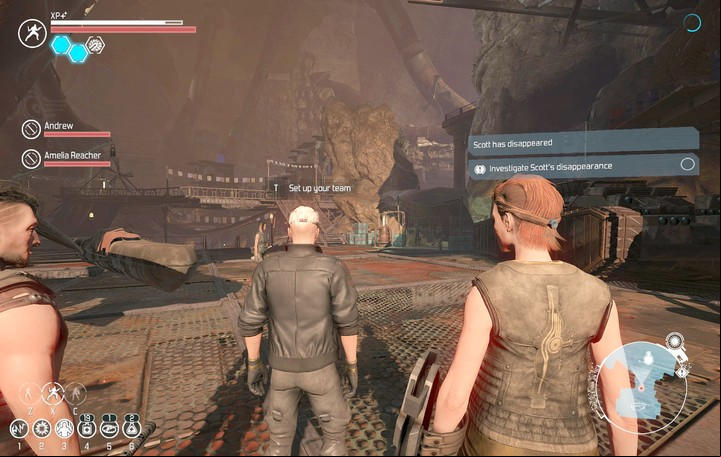 After the quest where you have to find the relic, Scott disappears. Therefore, he cannot accompany you during this quest. - Finding Earth | Chapter 2 Quests - Chapter 2 quests - The Technomancer Game Guide
