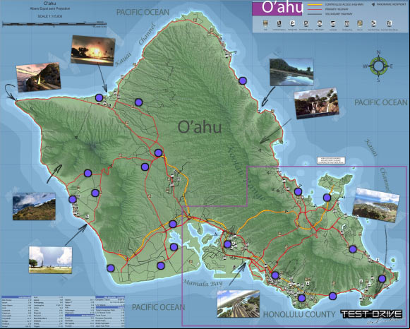 Blue dots are the locations of all courier missions - Mission challenges - Courier - Oahu map - Test Drive Unlimited - Game Guide and Walkthrough