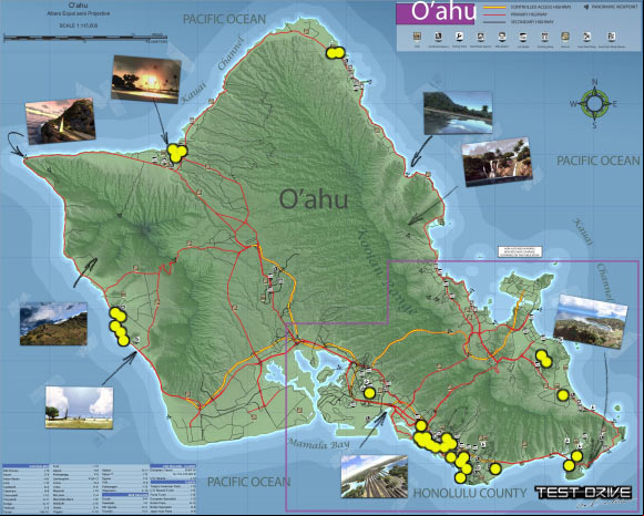 Yellow dots are the locations of model missions - Mission challenges - Models - Oahu map - Test Drive Unlimited - Game Guide and Walkthrough