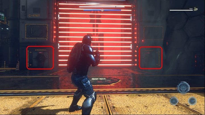 After the fight is over, activate the two buttons highlighted in the image above to deactivate the force field blocking access to the fortress - Marvels Avengers: By Force of Mind, walkthrough - Gold Coast - Marvels Avengers Guide
