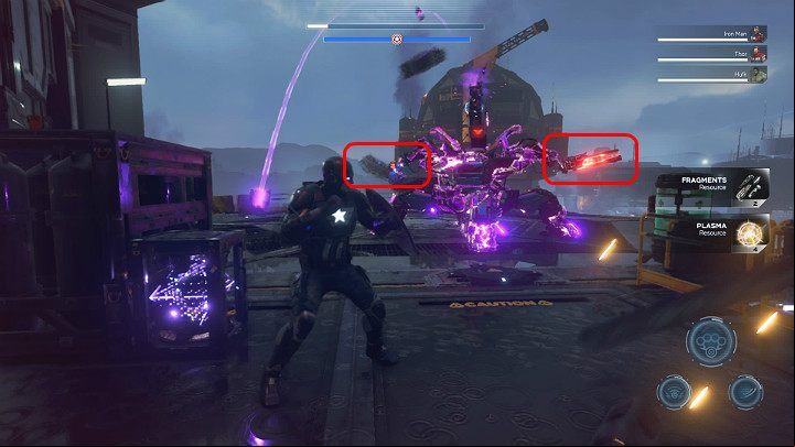 When fighting the robot, focus on destroying two side cannons to weaken its offensive capabilities - Marvels Avengers: By Force of Mind, walkthrough - Gold Coast - Marvels Avengers Guide