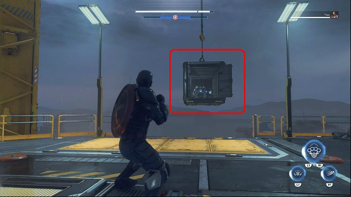 When youre at the top, turn to the left and youll notice an open container that has been suspended on a line away from the platform - Marvels Avengers: By Force of Mind, walkthrough - Gold Coast - Marvels Avengers Guide