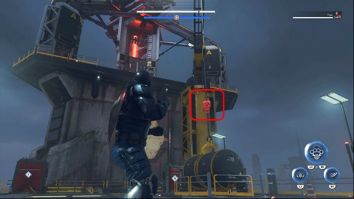 Throw the shield at the red line hook holding the gas tank in the air - Marvels Avengers: By Force of Mind, walkthrough - Gold Coast - Marvels Avengers Guide