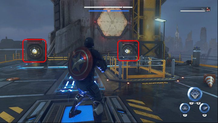 Now stand on a button protruding from the ground to discover two more buttons - throw the shield at them - Marvels Avengers: By Force of Mind, walkthrough - Gold Coast - Marvels Avengers Guide