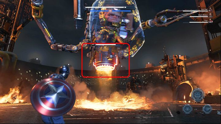 MODOK will be floating in the air all the time, so aim at the engine at the bottom of his suit and throw the shield at him to knock the boss to the ground - Marvels Avengers: By Force of Mind, walkthrough - Gold Coast - Marvels Avengers Guide