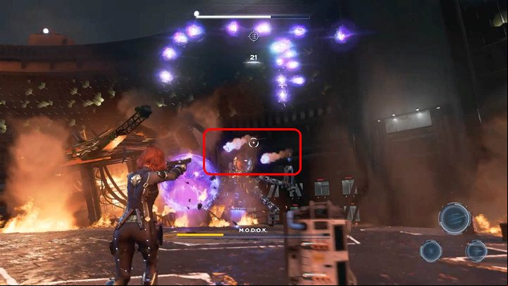 Rockets fired by MODOK can be destroyed with a range weapon - Marvels Avengers: By Force of Mind, walkthrough - Gold Coast - Marvels Avengers Guide