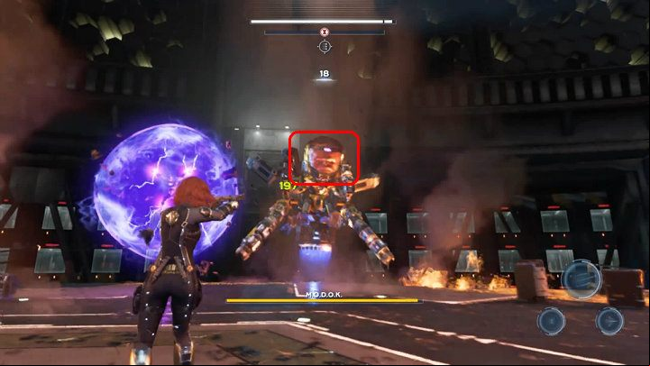 During the fight, you have to aim at the crystal on MODOKs head to damage him - Marvels Avengers: By Force of Mind, walkthrough - Gold Coast - Marvels Avengers Guide