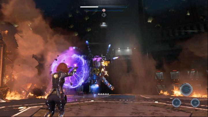 Keep fighting until the crystal on MODOKs head is broken - Marvels Avengers: By Force of Mind, walkthrough - Gold Coast - Marvels Avengers Guide
