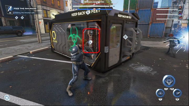 After the fight is over, destroy the two batteries on both sides of the first container, then do the same with the second container - Marvels Avengers: Mayhem over Manhattan, walkthrough - Eastern seaboard - Marvels Avengers Guide