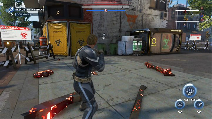 Another kidnapped Inhuman is locked in a warehouse in a building with yellow fabrics with a distinctive sign - Marvels Avengers: Mayhem over Manhattan, walkthrough - Eastern seaboard - Marvels Avengers Guide