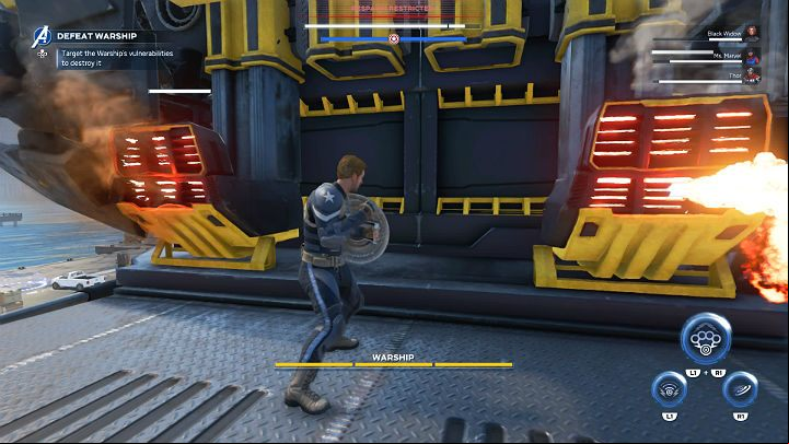 When the generator is destroyed, jump down onto the platform below on one of the sides of the warship and start destroying two overheated vents - Marvels Avengers: Mayhem over Manhattan, walkthrough - Eastern seaboard - Marvels Avengers Guide
