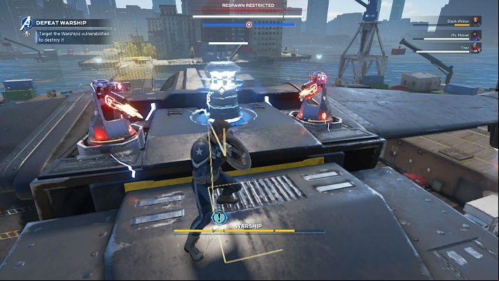 The destruction of the ventilators caused the gun turrets and the force field generator to reappear on top of the ship - Marvels Avengers: Mayhem over Manhattan, walkthrough - Eastern seaboard - Marvels Avengers Guide