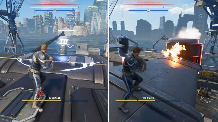 The first generator is located at the back of the ship - Marvels Avengers: Warship boss - how to beat? Walkthrough - Bosses - Marvels Avengers Guide