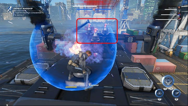 There are 3 large turrets on top of the ship - Marvels Avengers: Warship boss - how to beat? Walkthrough - Bosses - Marvels Avengers Guide