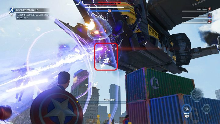 Notice the third generator underneath the Warship - Marvels Avengers: Warship boss - how to beat? Walkthrough - Bosses - Marvels Avengers Guide