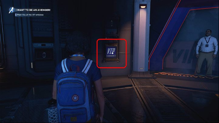 On the right, youll notice Abu waiting for you, and on the left, the console where you have to scan Kamalas phone to open the elevator door - Marvels Avengers: I want to be an Avenger! walkthrough - Gold Coast - Marvels Avengers Guide