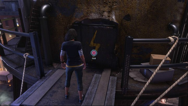 Jump to the platform of the silo from the roof of the last building and move away the primitive door to enter Kamalis base - Marvels Avengers: New normal, walkthrough - Eastern seaboard - Marvels Avengers Guide