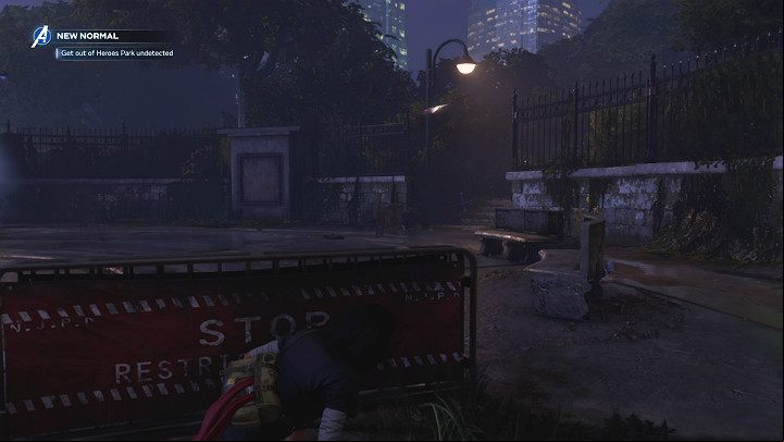 Step out from behind the railing and follow the concrete benches to the right - Marvels Avengers: New normal, walkthrough - Eastern seaboard - Marvels Avengers Guide