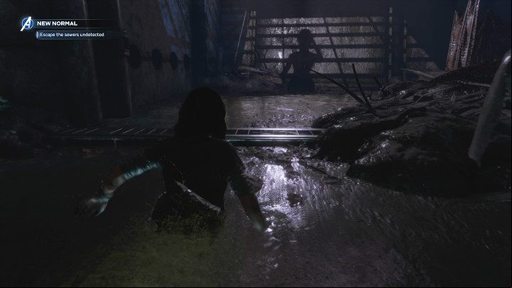 While standing among piles of litter and all sorts of rubbish, start walking straight ahead through the sewers and watch out for the reconnaissance drones that will appear behind your back - Marvels Avengers: New normal, walkthrough - Eastern seaboard - Marvels Avengers Guide