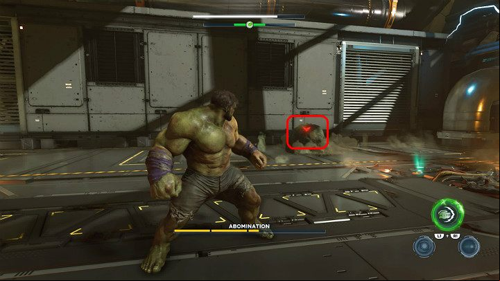 When a red icon appears above the head of the Abomination, it means that its going to perform an attack from behind the head or prepares to charge at the opponent - Marvels Avengers: Abomination boss - how to beat? Walkthrough - Bosses - Marvels Avengers Guide