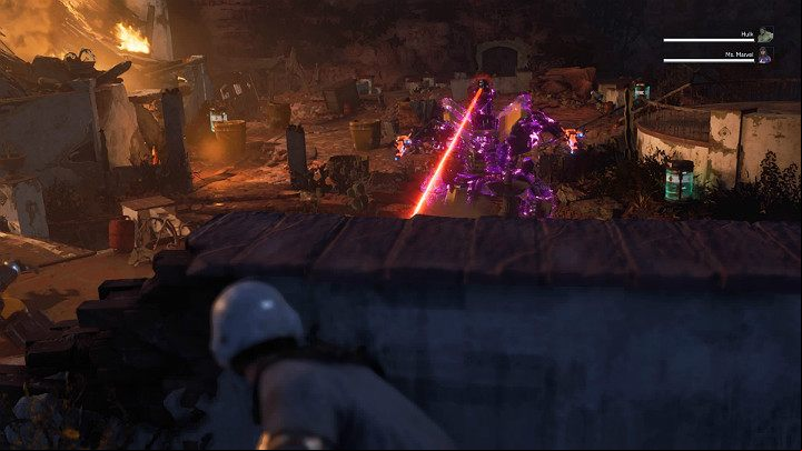 The first serious opponent which has to be defeat is the Dreadbot - Marvels Avengers: House Call, walkthrough - Utah Badlands - Marvels Avengers Guide