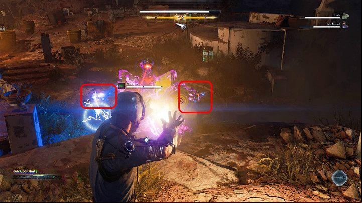 First of all, focus on destroying the two side turrets of the enemy, which have been marked in the picture above - Marvels Avengers: House Call, walkthrough - Utah Badlands - Marvels Avengers Guide